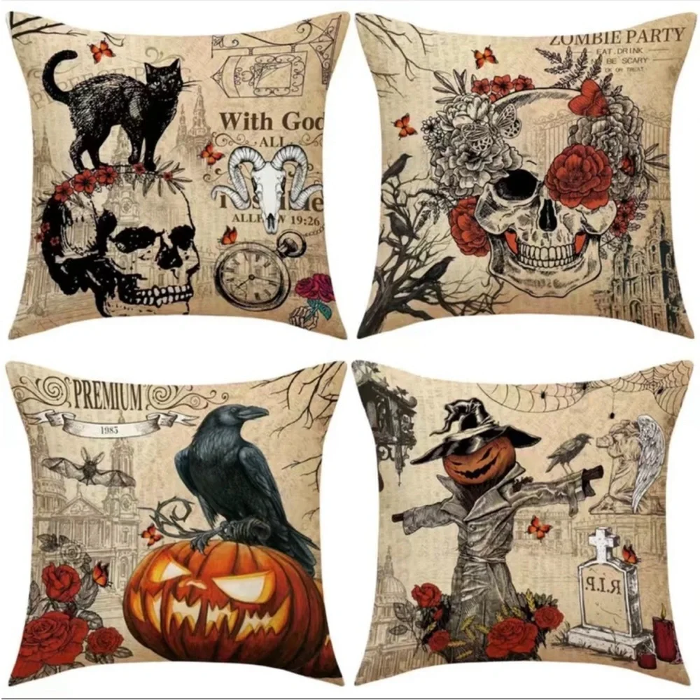 4pcs Vintage Halloween Throw Pillow Covers For Black Cat/Crow/Pumpkin/Skull Thro